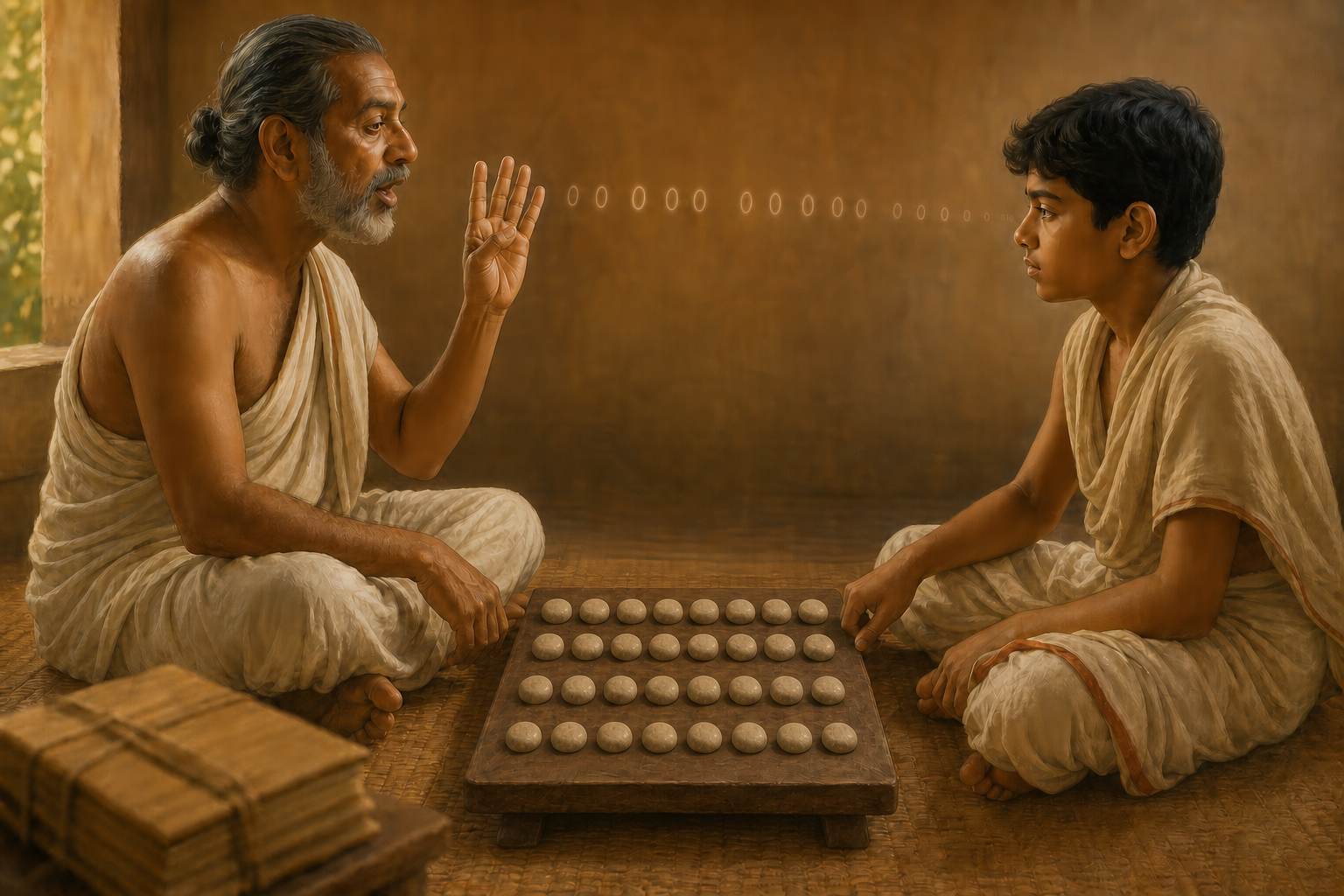 A teacher recites to a listening student who follows four rows of counting stones while marking the rhythm by hand.