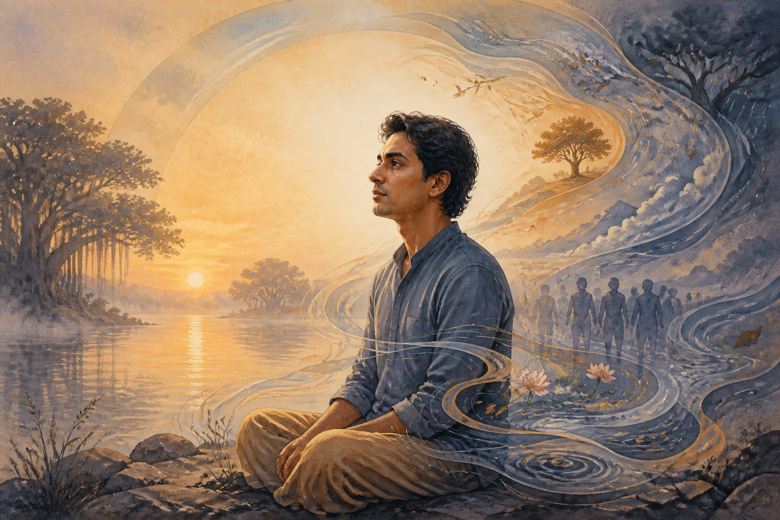 A seated person remains calm beside a river at dawn while translucent ribbons and ripples swirl through a circle of light around them.