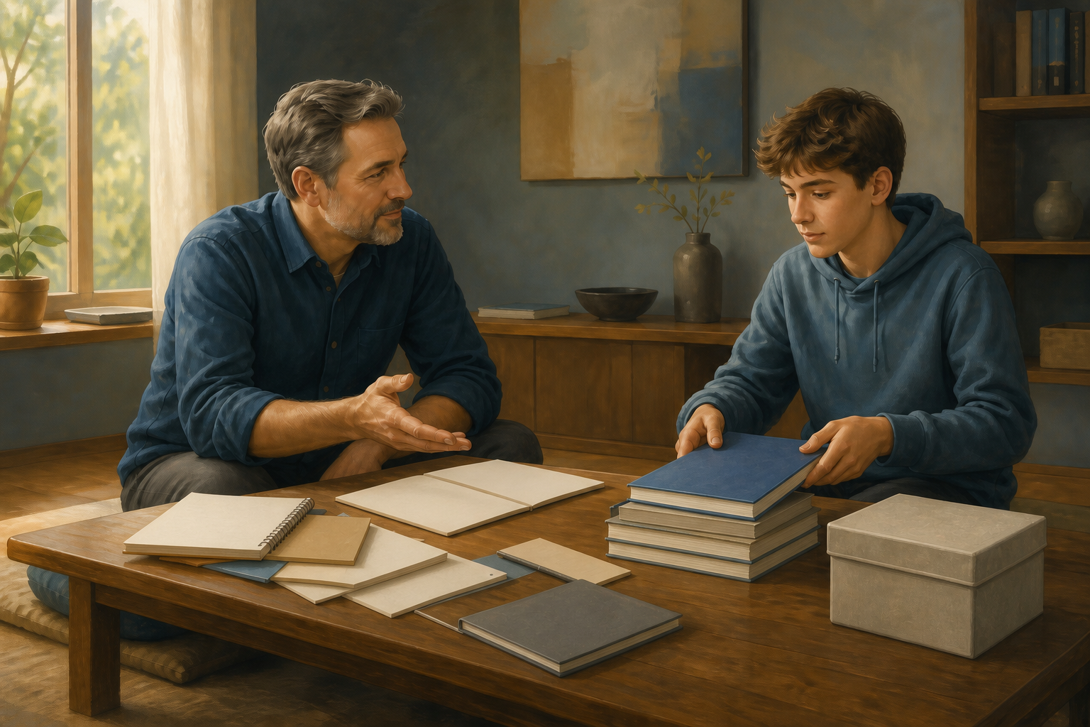 A mentor speaks calmly with a student who has begun organizing neglected study materials at a low table.