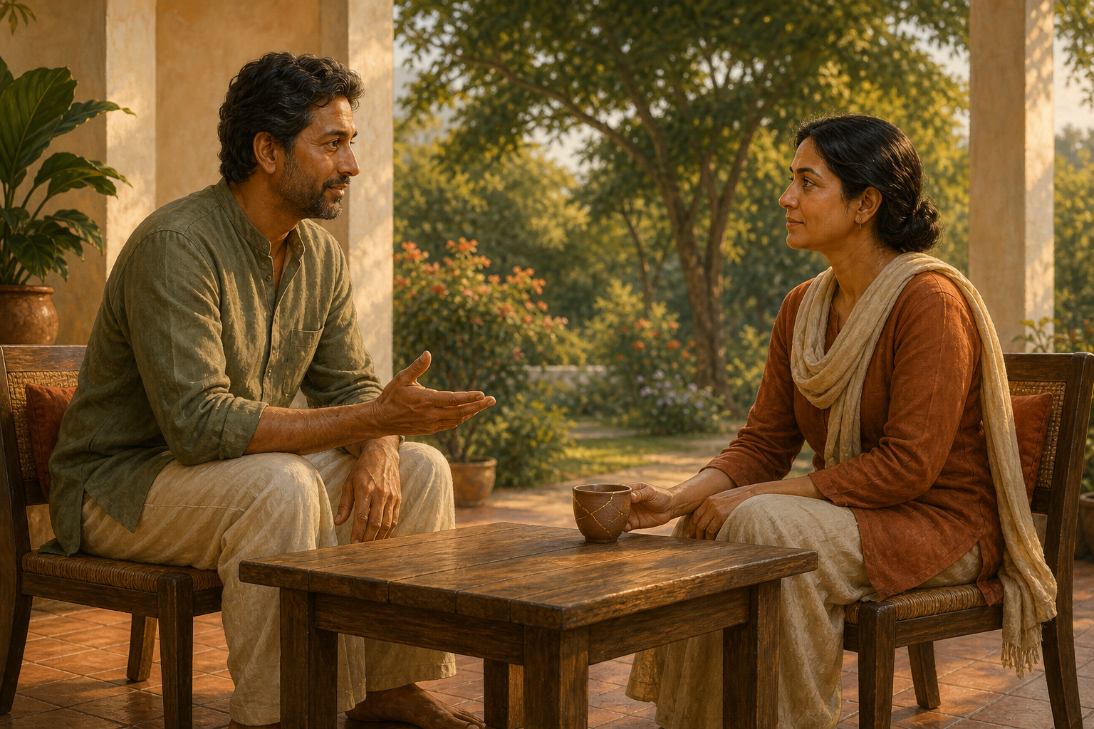 Two adults seated at equal height have a calm conversation beside a carefully repaired clay cup.