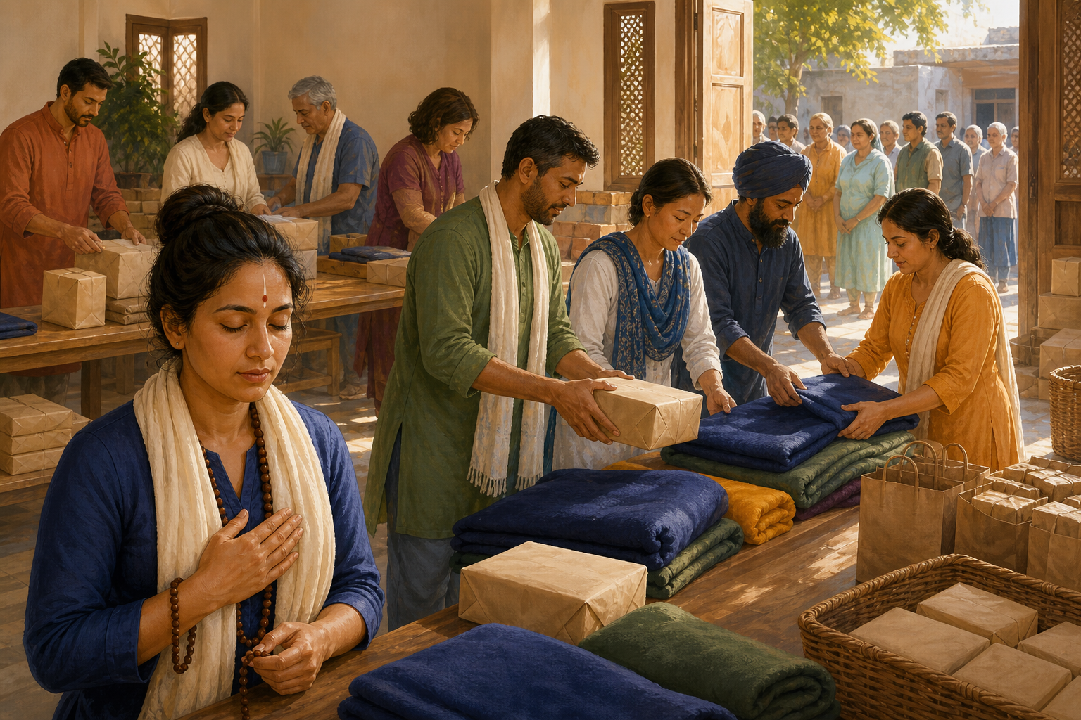 Practitioners from several Dharmic traditions prepare meal parcels and blankets together in a sunlit community hall.