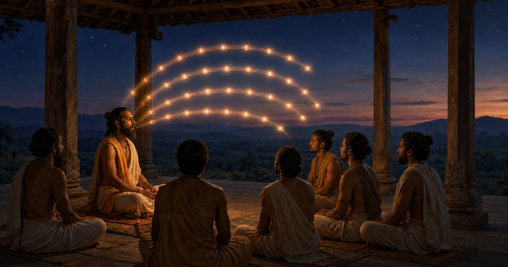 Vedic reciters sit together at twilight as four measured bands of luminous breath spread from the leading voice.