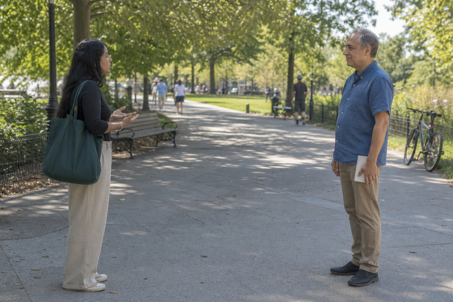A volunteer carrying a plain-covered book listens as a passerby speaks on a spacious, tree-lined park walkway.