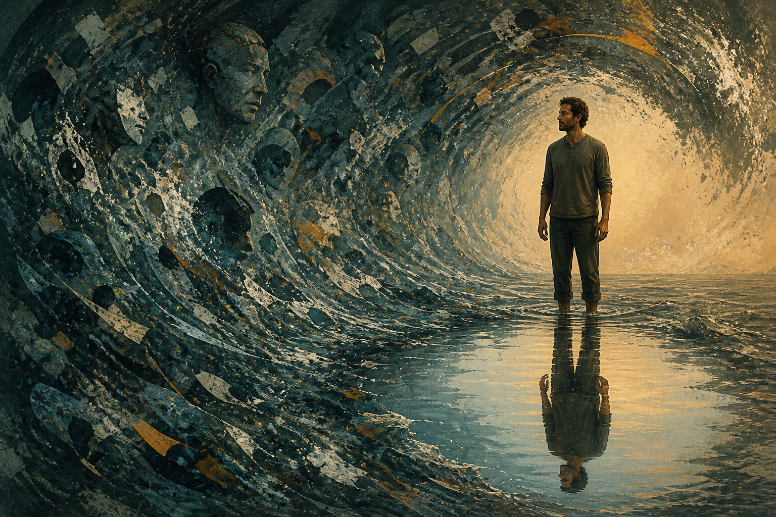 A person stands calmly in shallow water as a turbulent wave of abstract fragments curves around them and clear water reflects their figure.