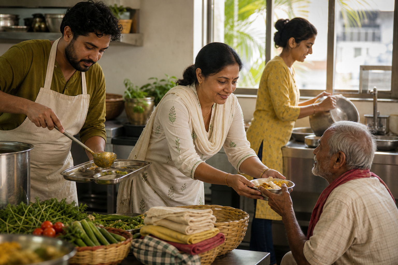 Volunteers cook, clean, and serve a meal to an older guest in a community kitchen.