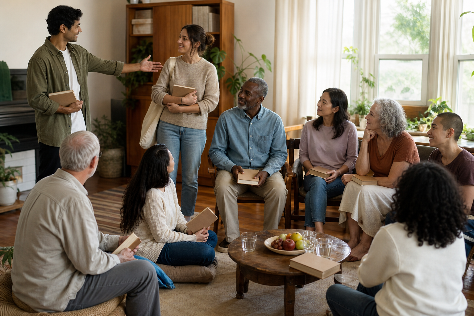 A volunteer welcomes a book recipient into a small multigenerational reading circle in a bright community room.