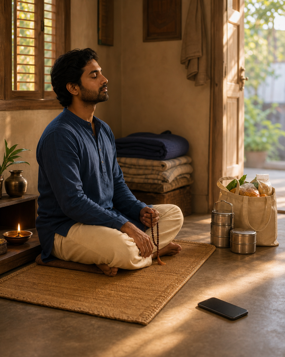 An adult practices quiet morning remembrance beside a lamp, with a phone set aside and groceries prepared for service.