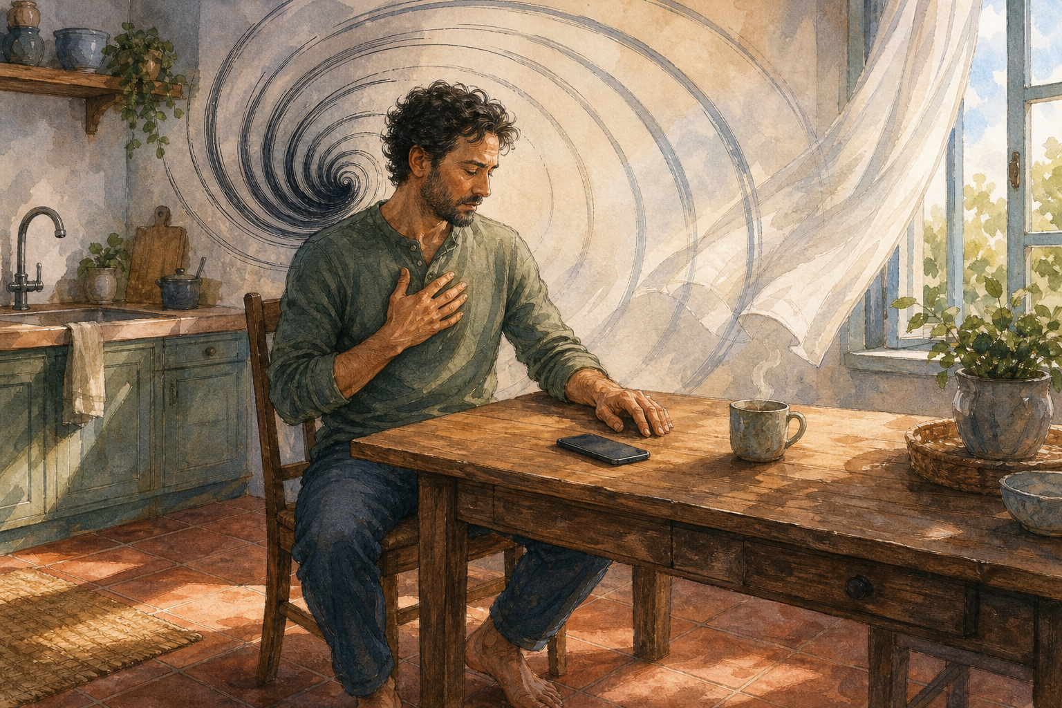 A person pauses with one hand on their chest beside a face-down phone as a dark spiral opens into wider arcs around them.