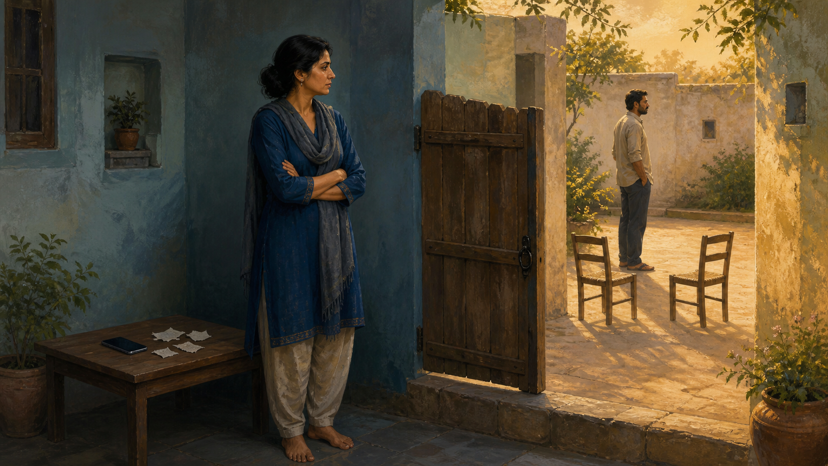 An adult stands at a stone threshold in a dawn-lit courtyard, with a face-down phone behind them, another person beyond a partly closed gate, and two empty chairs nearby.