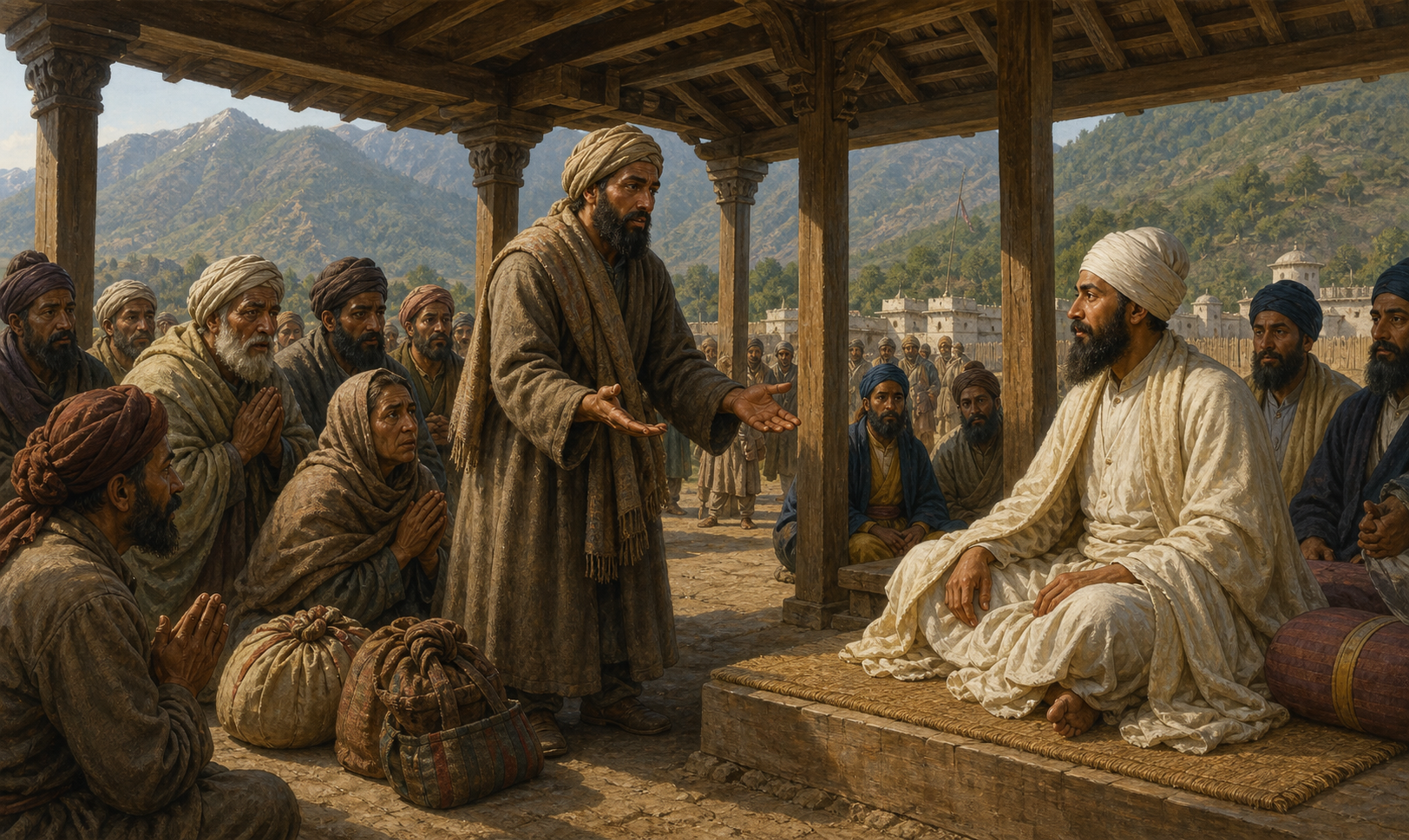 Bhai Kirpa Singh presents the concerns of a Kashmiri delegation to Guru Tegh Bahadur in an open pavilion at Anandpur.