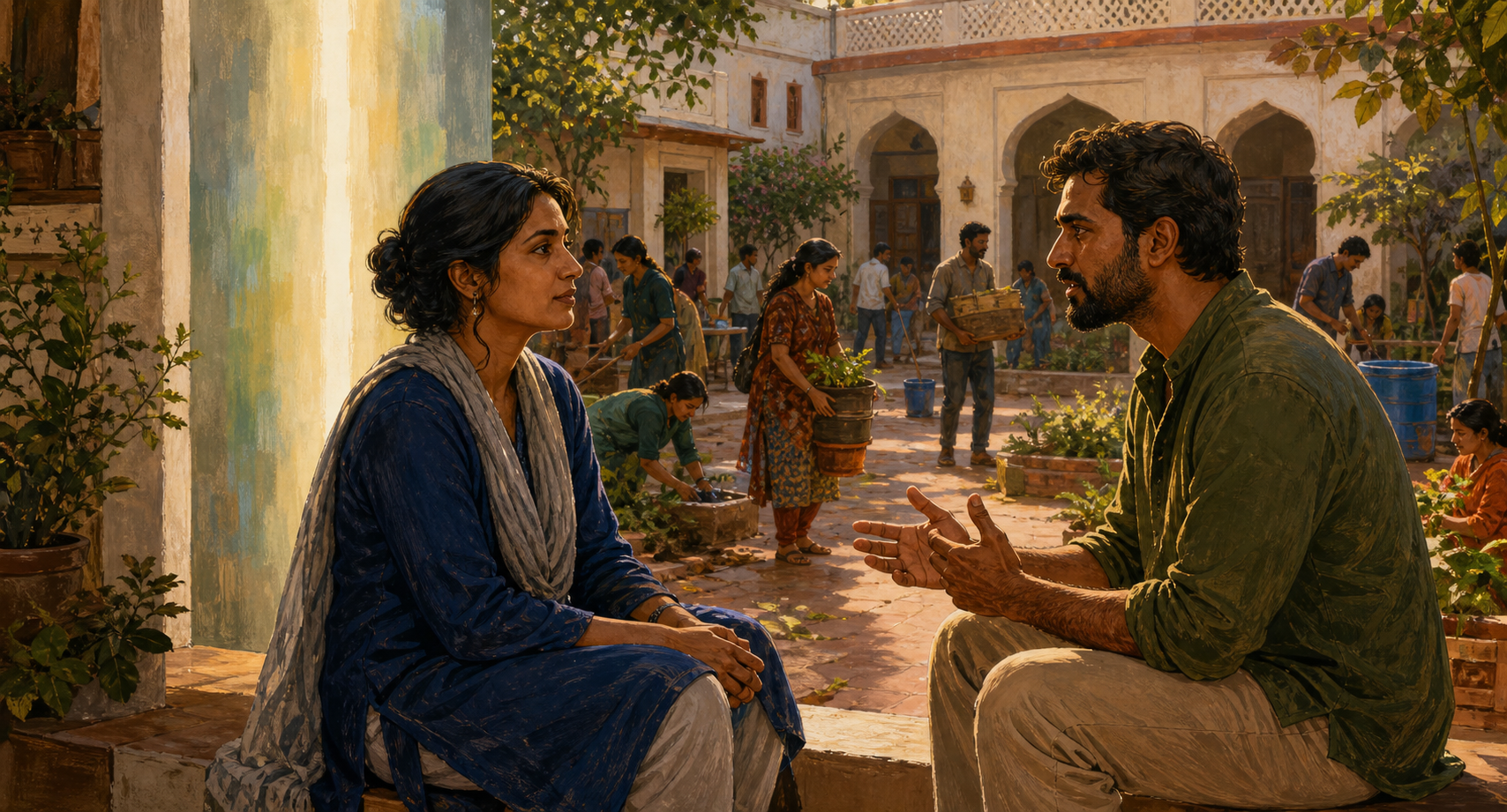 Two adults have an intense but composed conversation in a courtyard while other people tend plants and carry supplies nearby.