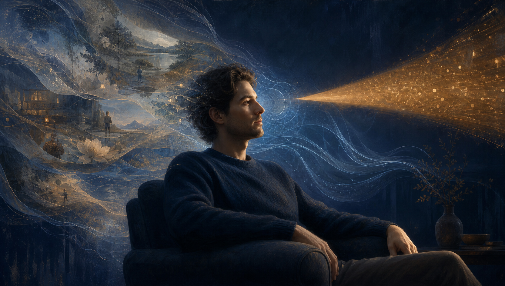A seated person is surrounded by interconnected layers of sensory ripples, memory-like fragments, focused light, and a still indigo background.