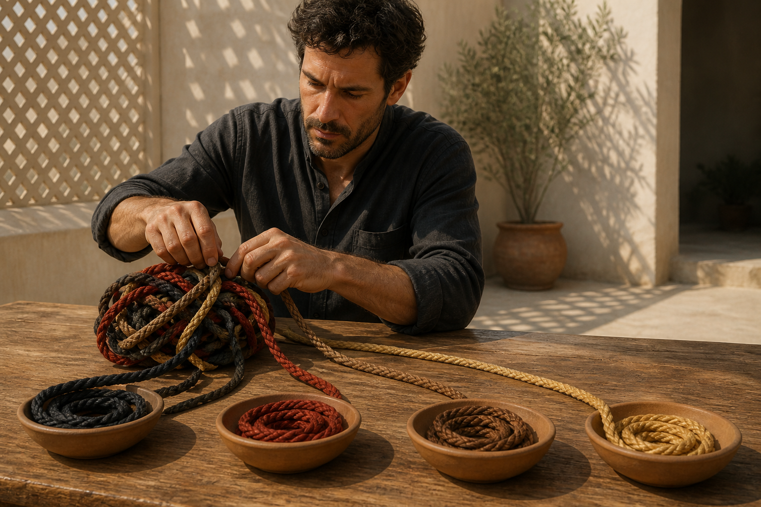 A seated adult untangles several colored cords and places the separated strands into plain clay bowls on a wooden table.