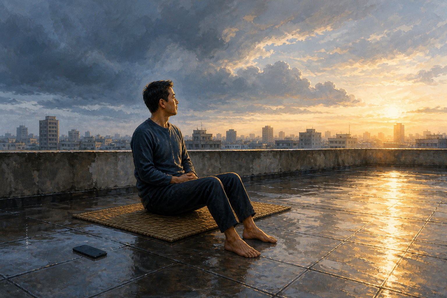 An adult sits on a woven mat on a rain-wet rooftop while a face-down phone rests nearby and sunlight breaks through clouds.
