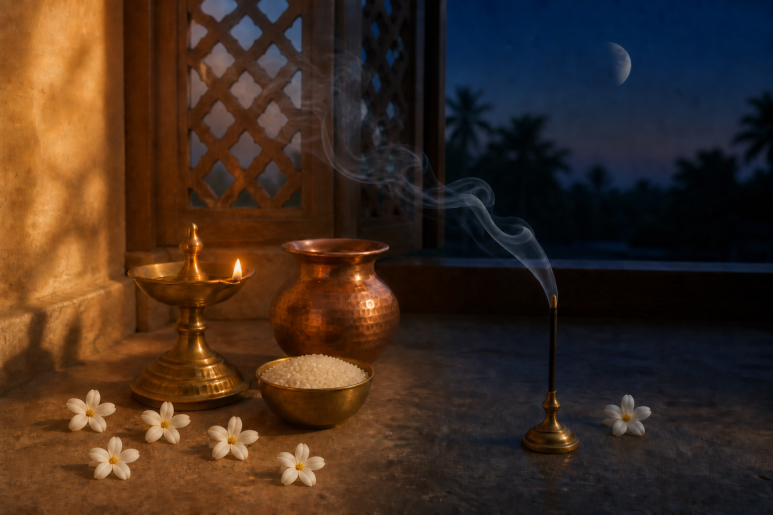 A brass oil lamp, copper vessel, rice, incense, and jasmine flowers in a home prayer alcove shifting from amber daylight to indigo evening.