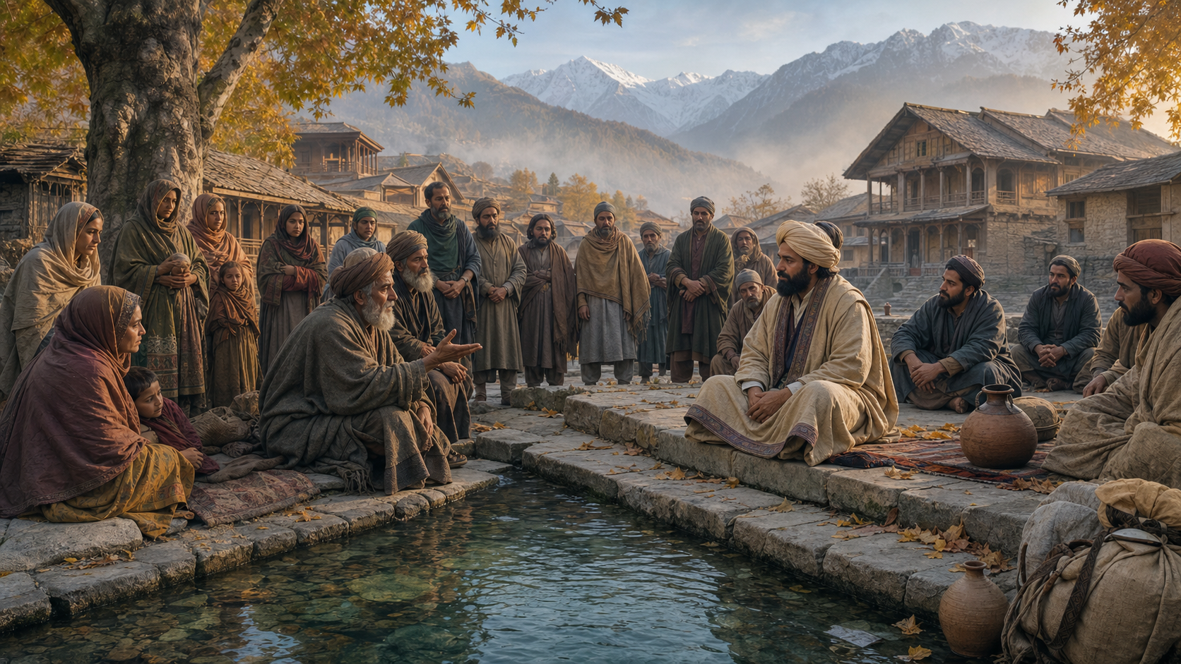 Bhai Kirpa Singh listens to members of the Kashmiri community beside the spring at Mattan, with chinar trees and mountains behind them.