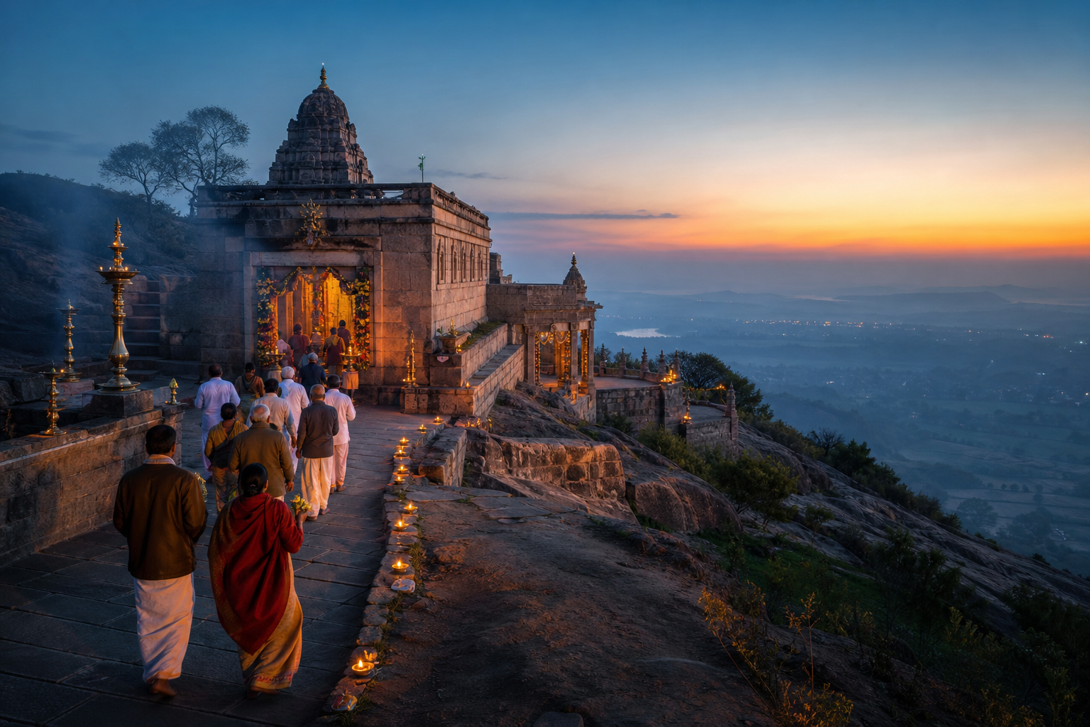 Devotees carrying flower offerings approach a lamp-lit South Indian hill temple at winter dawn.