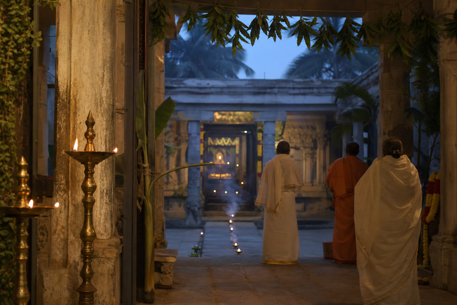 Oil lamps and flower garlands illuminate a South Indian temple courtyard at dawn as devotees approach the shrine.