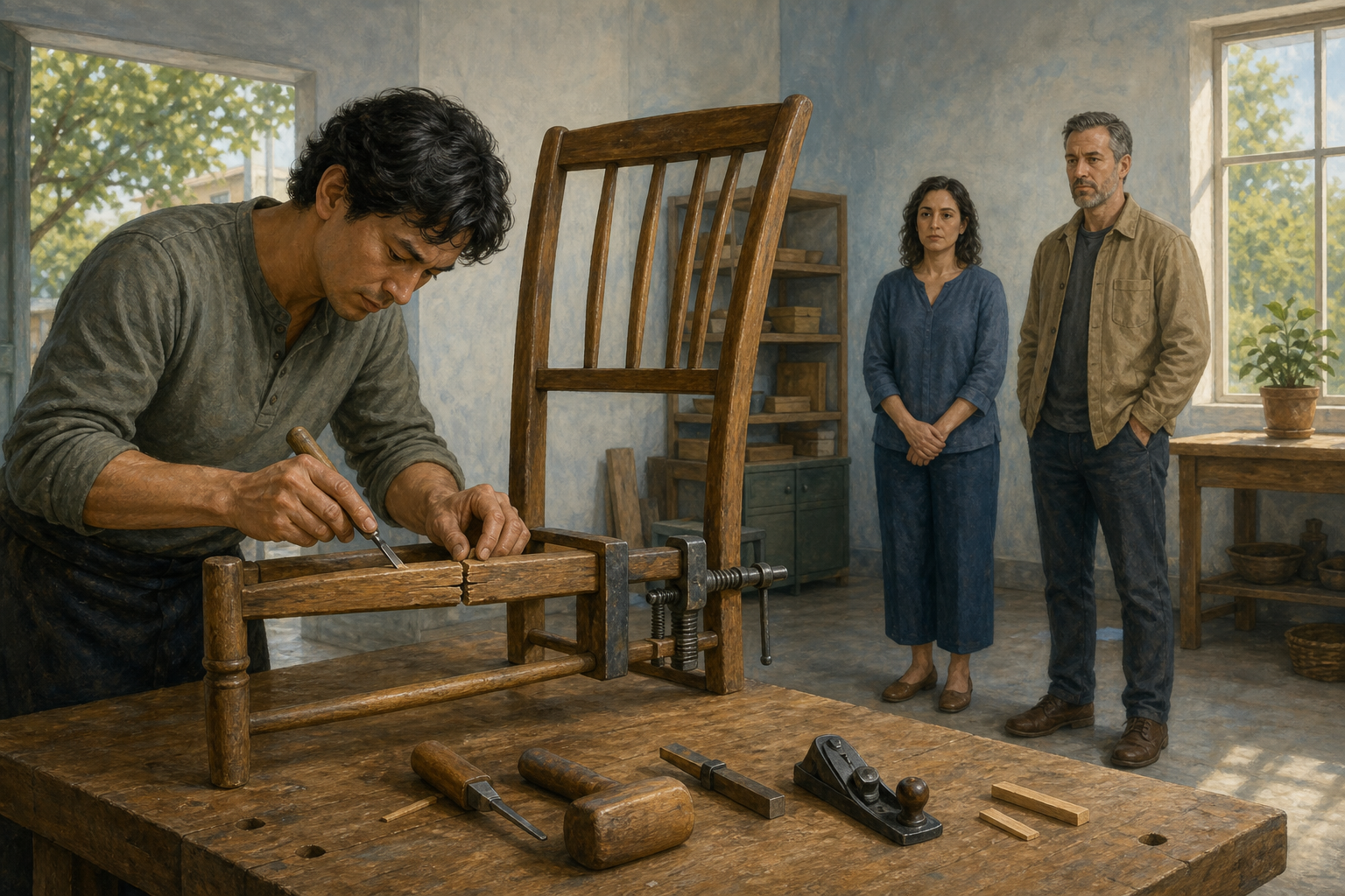 One adult repairs the split rung of a wooden chair in a workshop while two other adults observe from several steps away.