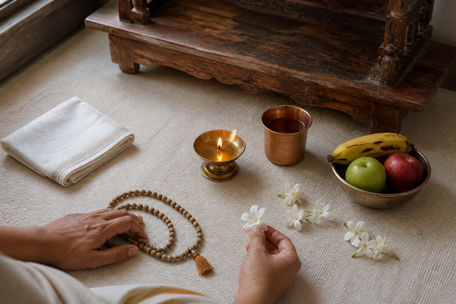 A worshipper's hands offer a jasmine flower beside a simple prayer arrangement with a lamp, water, fruit, and prayer beads.