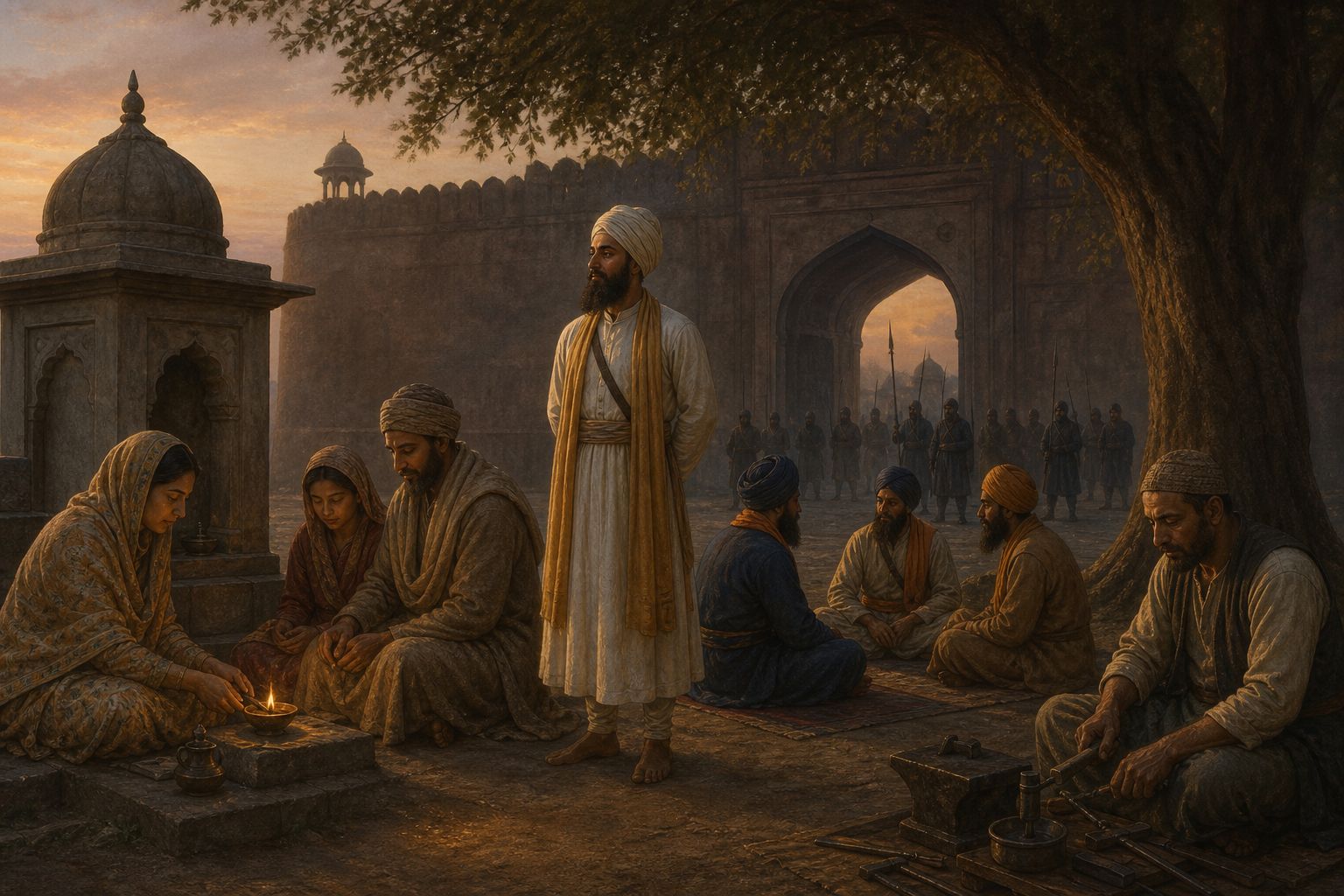 Guru Tegh Bahadur stands between distant imperial officials and separate Sikh, Hindu, and Muslim groups engaged in peaceful daily devotion.