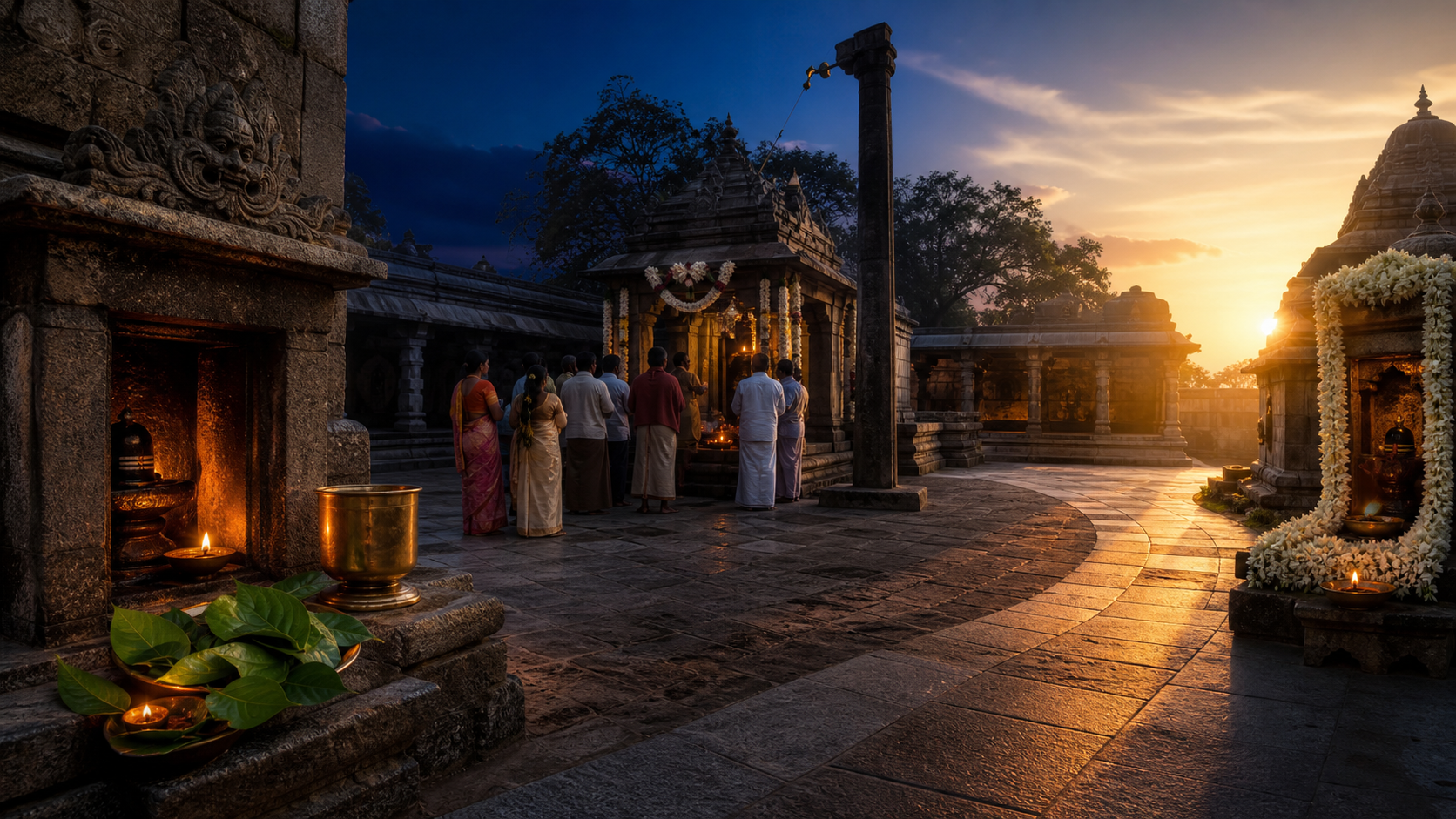 A continuous temple courtyard scene moves from evening lamps through pre-dawn worship to a sunlit ceremonial doorway.
