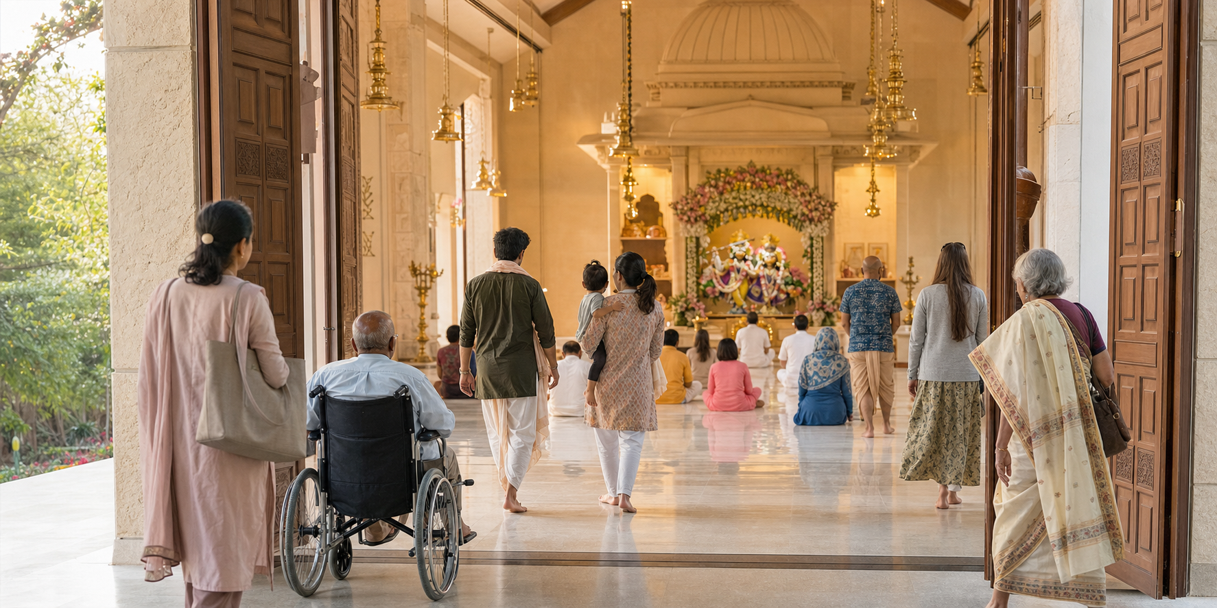 An accessible temple entrance opens into a Gaudiya Vaishnava worship hall where a multigenerational group, including a wheelchair user and a parent with a child, gathers for darshan.