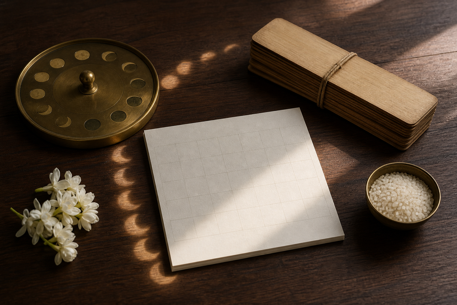 A blank paper calendar, brass lunar-phase disc, palm-leaf folios, rice, and jasmine arranged on a wooden table.