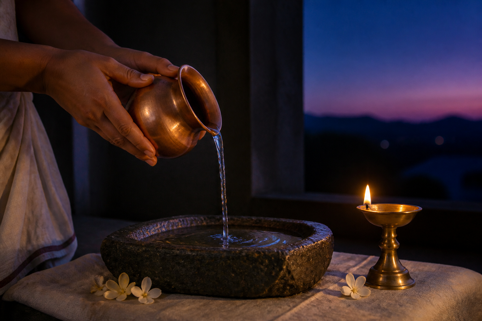 Hands pour water from a copper vessel beside a brass lamp as violet twilight deepens into a blue evening sky.