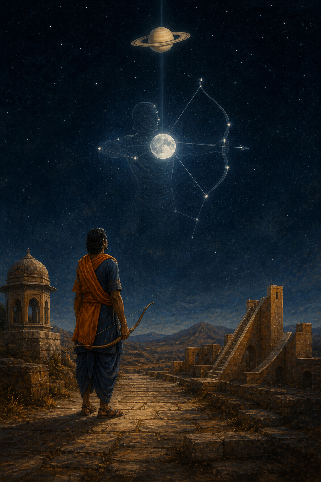 A solitary traveler holding a lowered bow stands beneath the Moon, a Sagittarius constellation, and a distant ringed Saturn in a moonlit landscape.