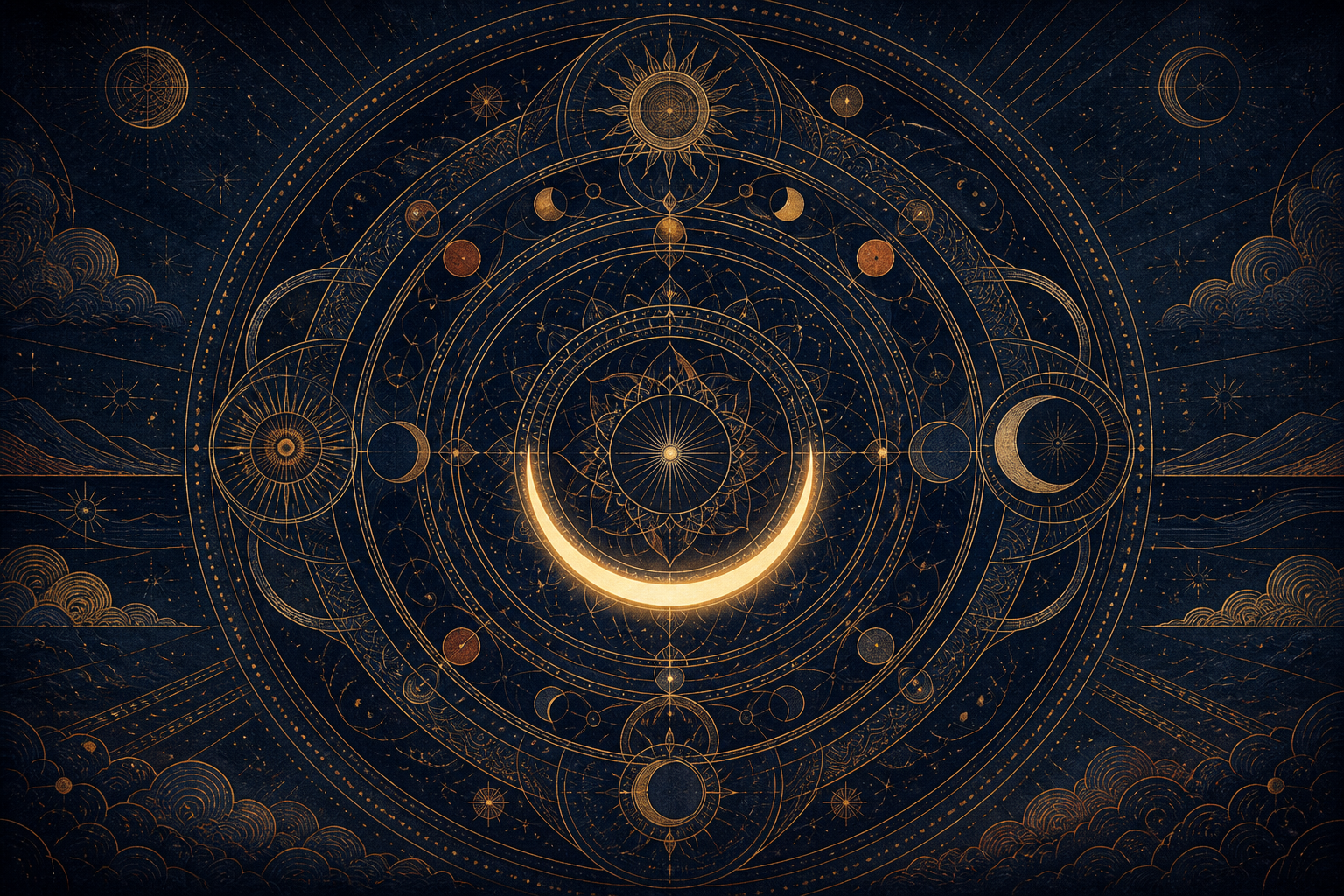 A glowing crescent-shaped arc appears within a larger layered celestial mandala of circles, stars, horizon bands, and directional rays.