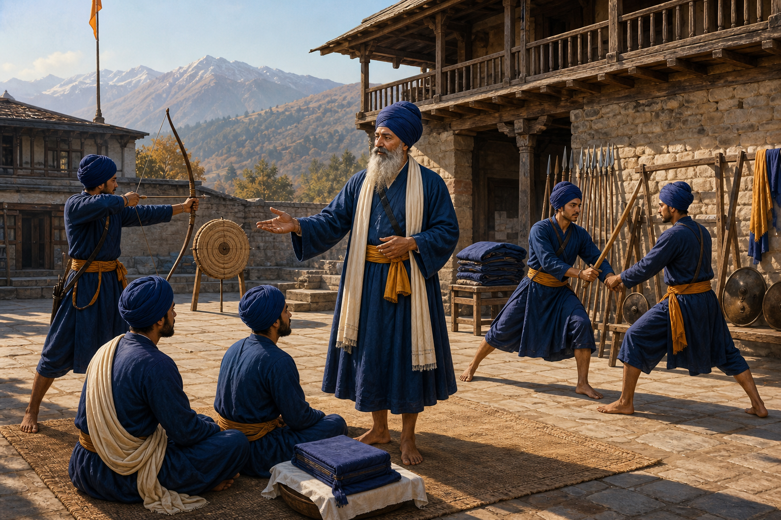 An older Bhai Kirpa Singh instructs young Sikhs in archery, controlled martial practice, and study in a courtyard at Anandpur.