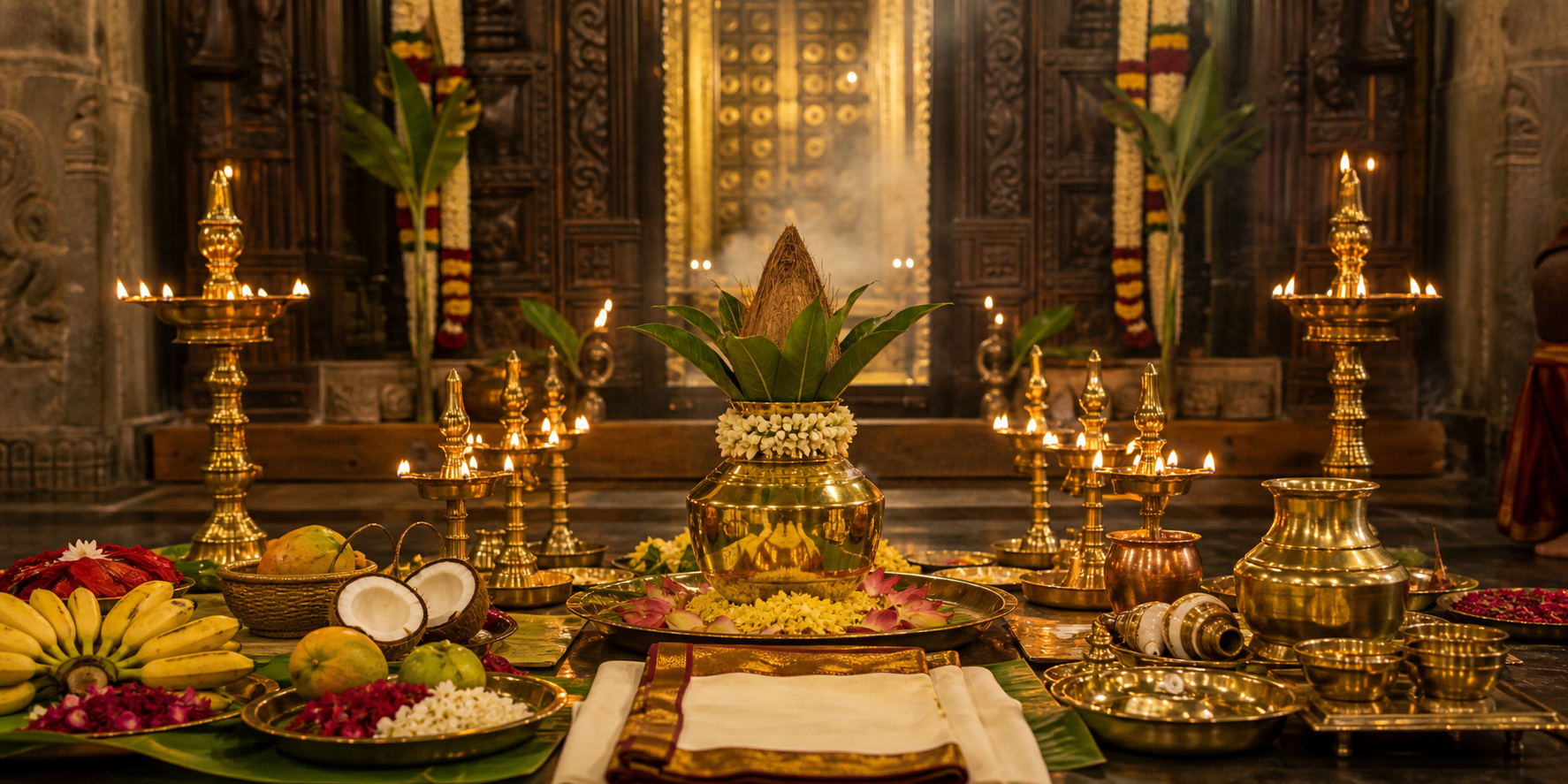 Brass lamps, a decorated kalasha, flowers, fruit, and ritual vessels are arranged for a special puja in a shrine hall.