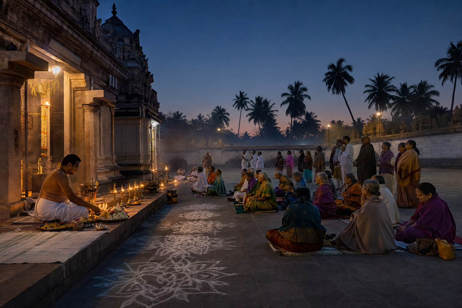 Devotees gather in a South Indian temple courtyard for worship before sunrise as a priest prepares lamps and offerings.