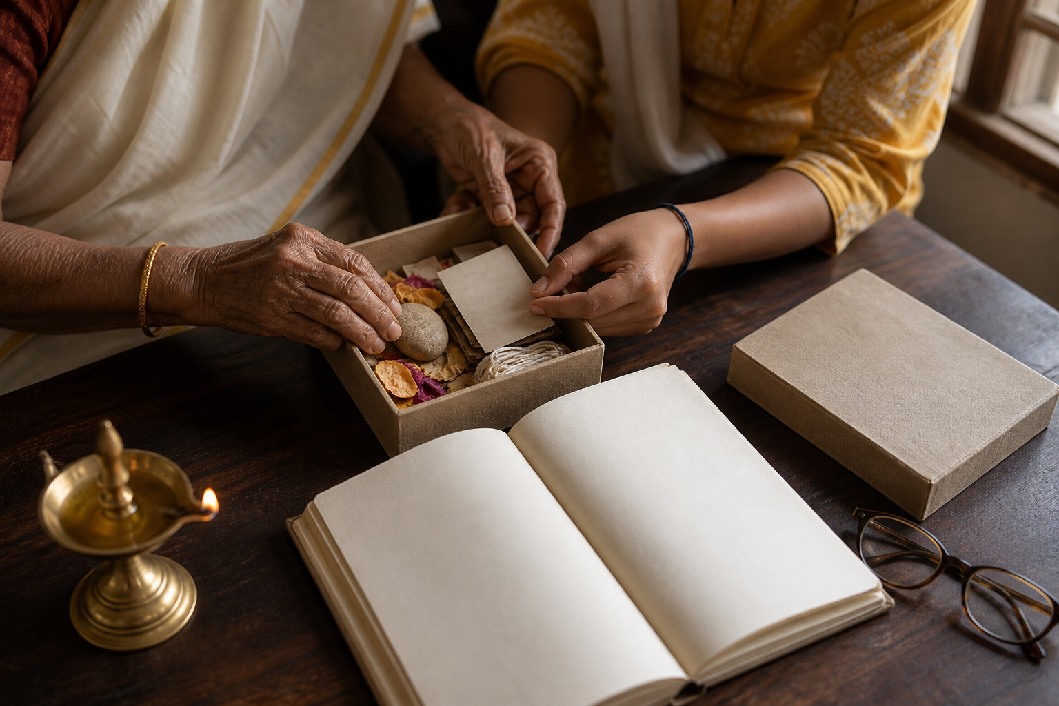 Family members organize dried flowers, a cotton thread, and other pilgrimage keepsakes beside a blank archival notebook.