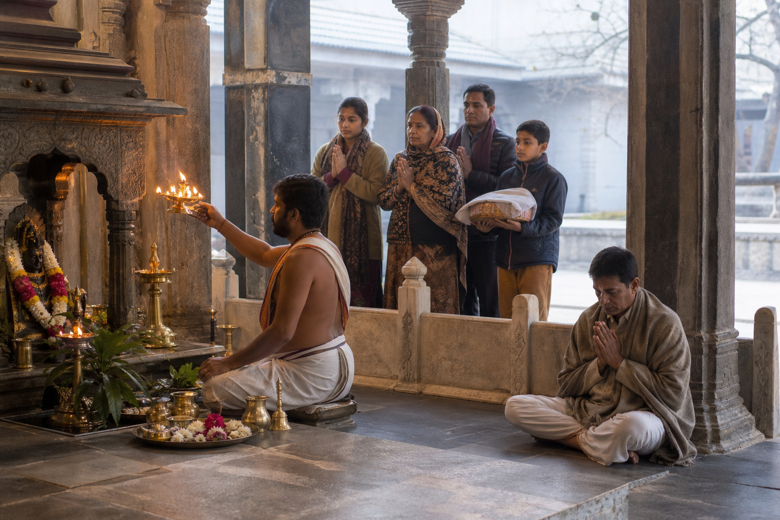 A priest conducts a lamp ritual while devotees observe, pray, and wait with offerings from designated areas of the temple.