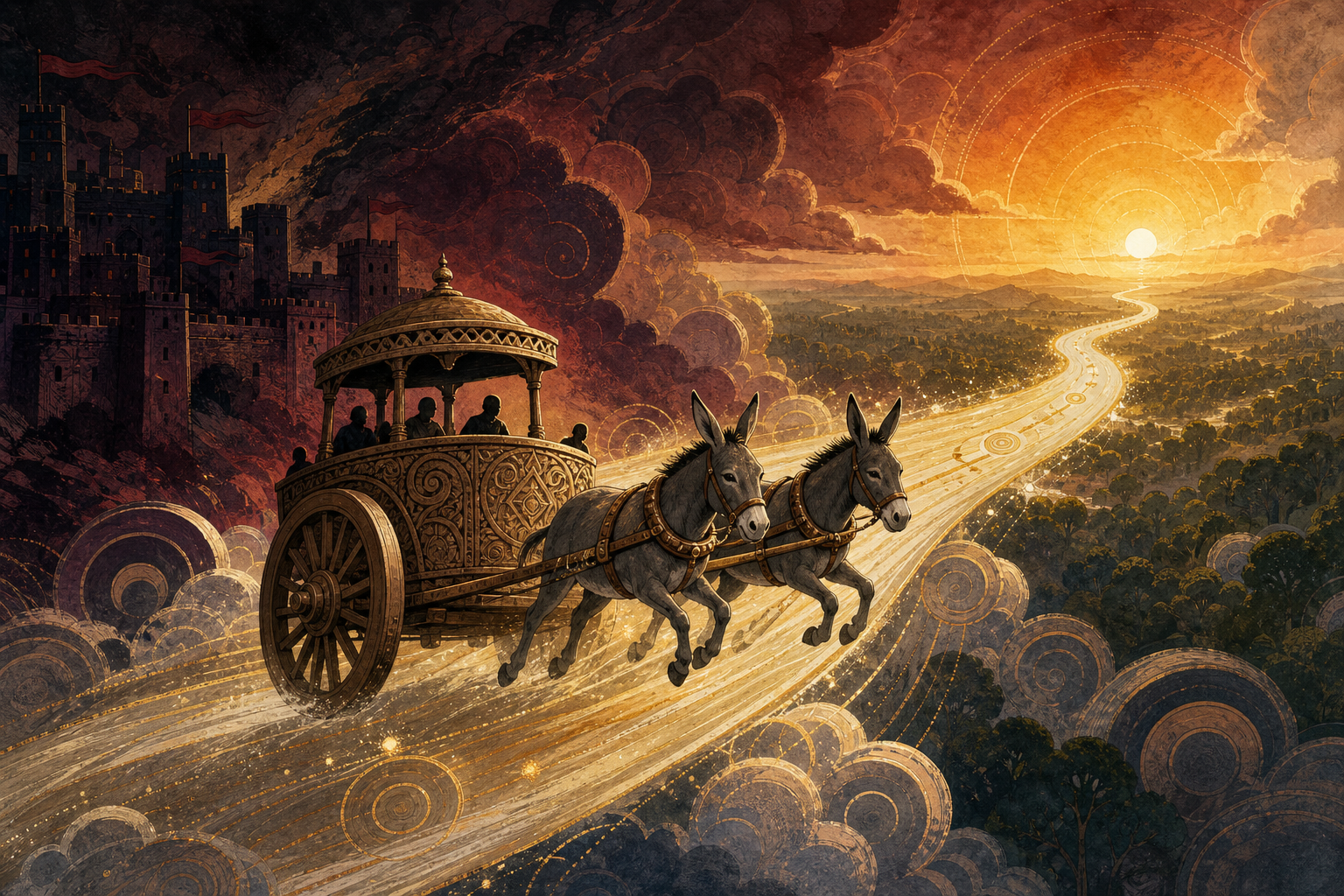 Two donkeys pull a wooden chariot along a glowing path from a dark stronghold toward a distant forest at dawn.