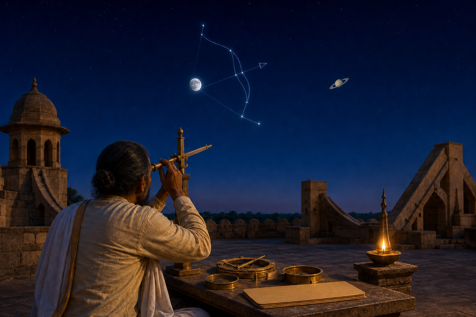 An observer uses a brass sighting instrument on a stone terrace while the Moon, an archer-shaped constellation, and Saturn appear in the twilight sky.