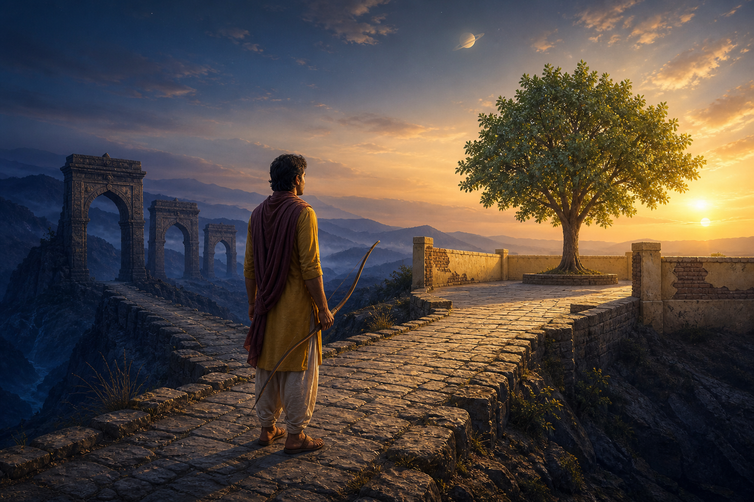 A traveler carrying a wooden bow approaches a sunlit courtyard after passing through three stone gateways beneath a small Saturn in the dawn sky.