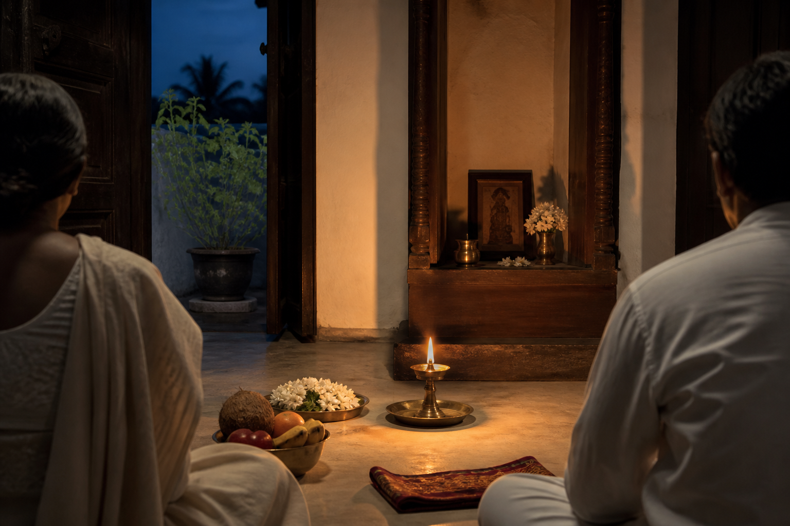 Two family members sit near a brass oil lamp, jasmine, fruit, and a tulsi plant during a quiet home observance at twilight.