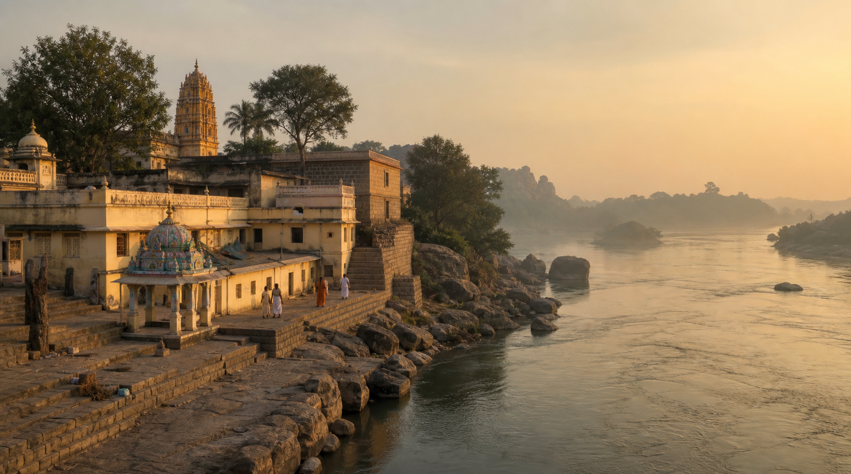 Pilgrims near the Bichale mutt complex on the bank of the Tungabhadra River at dawn.