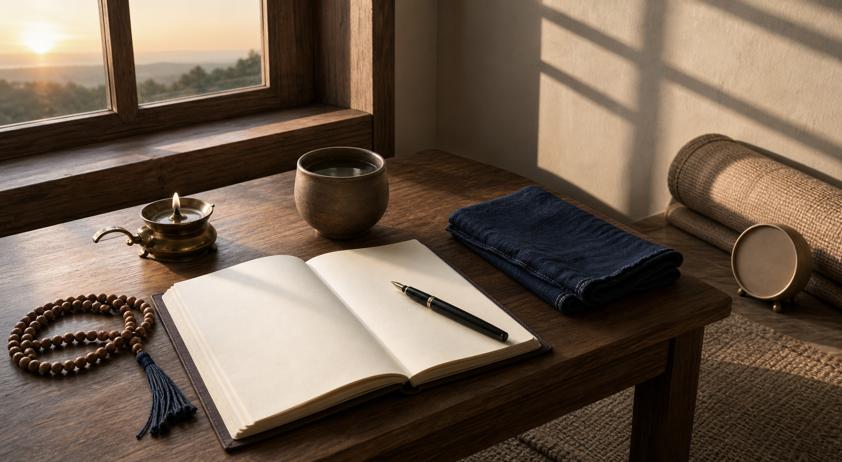 A tidy dawn workspace contains a blank journal, meditation beads, an oil lamp, a cup of water, a folded cloth, and a rolled exercise mat.