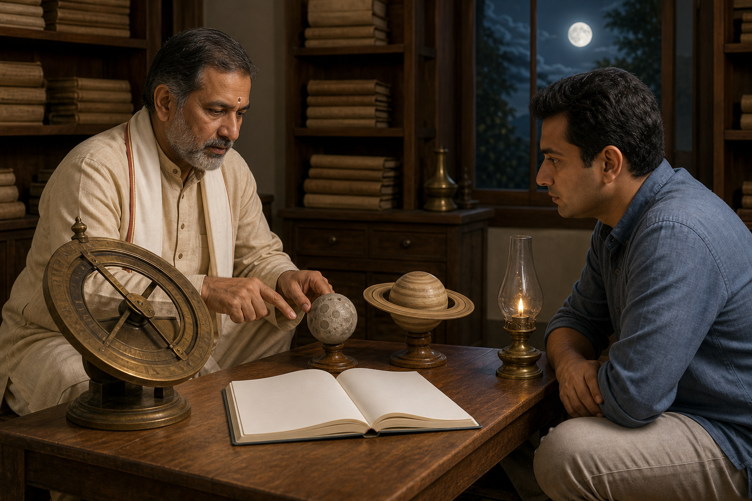 An astrologer and a visitor examine models of the Moon and Saturn beside a brass astronomical instrument in a lamplit study.
