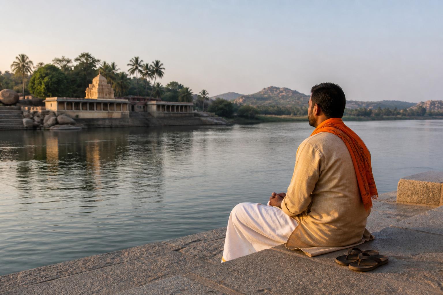 A pilgrim sits quietly on a stone step beside the Tungabhadra River at Bichale.