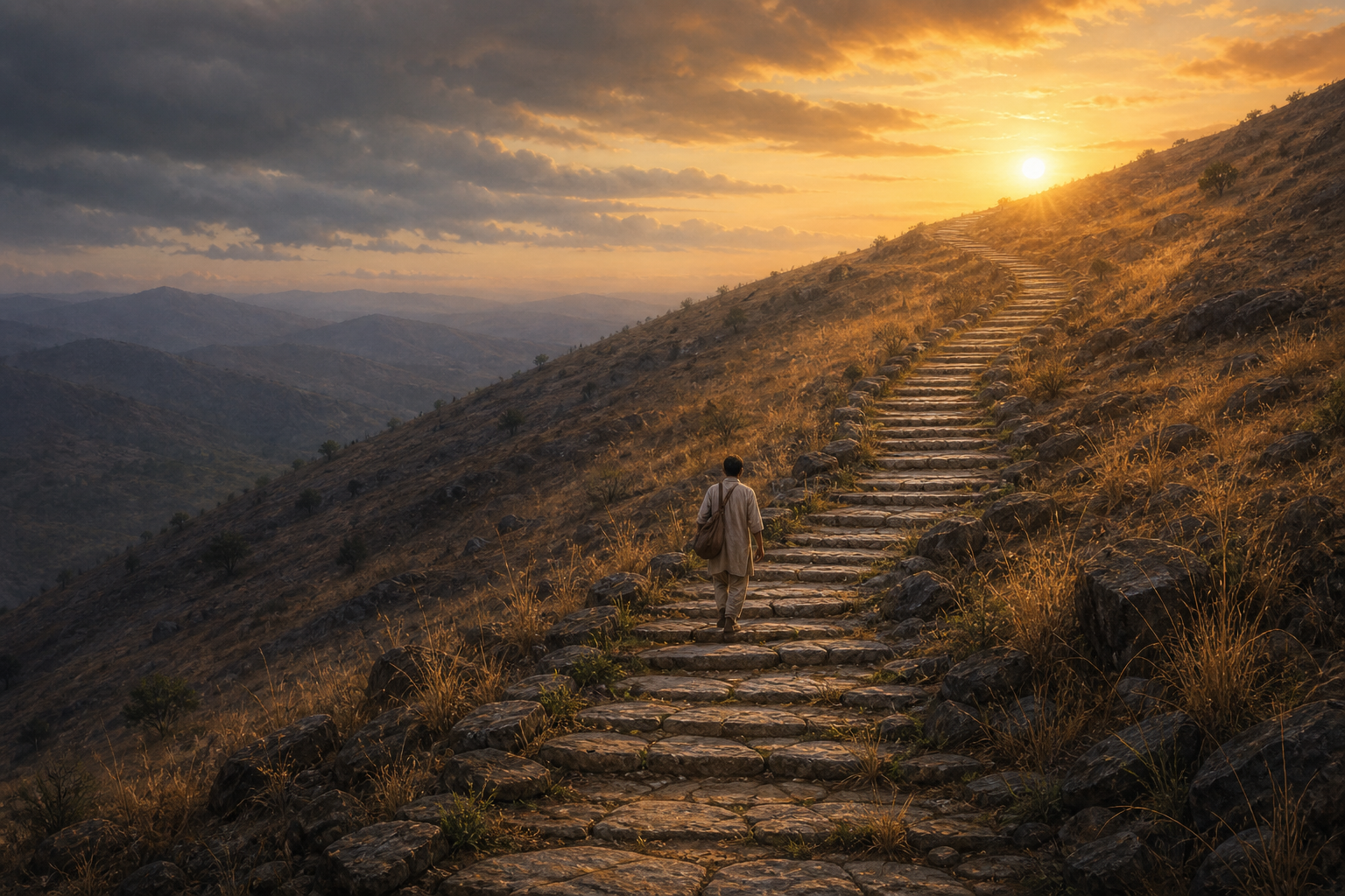 A lone traveler steadily climbs weathered stone steps on a hillside toward warm sunrise light.