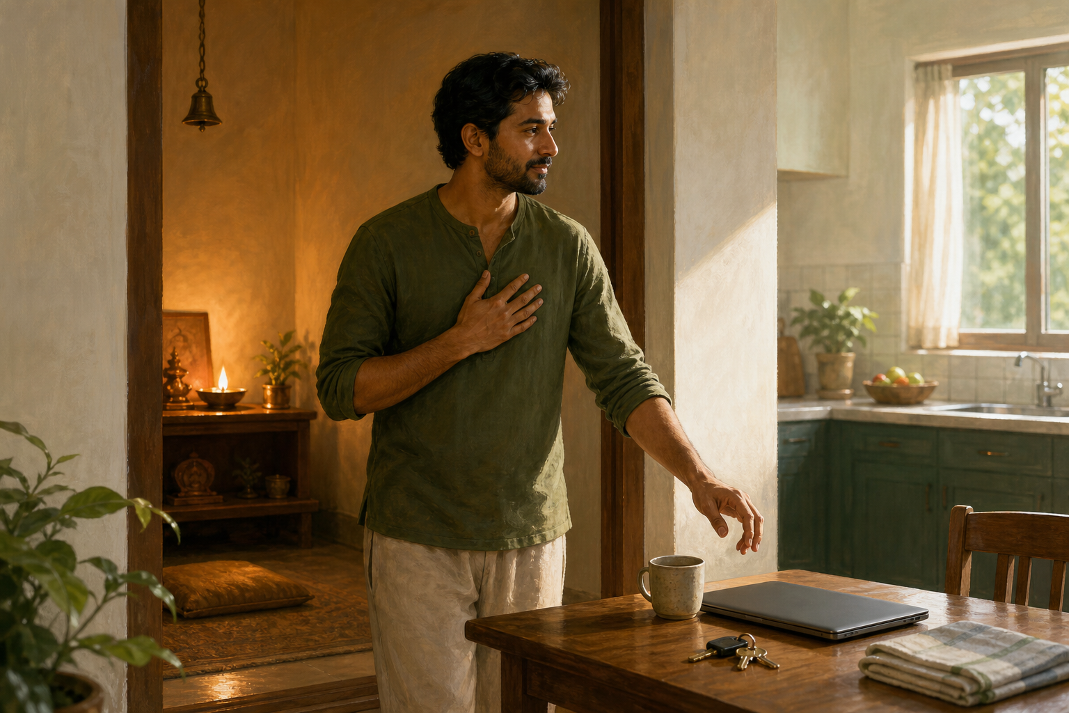 A householder pauses attentively between a softly lit home prayer corner and a sunlit table prepared for the day's responsibilities.