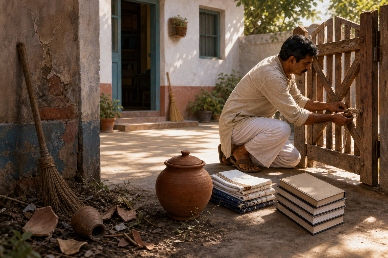 A householder repairs a courtyard gate beside neatly arranged books, mended cloth, a sealed jar, and a swept threshold.
