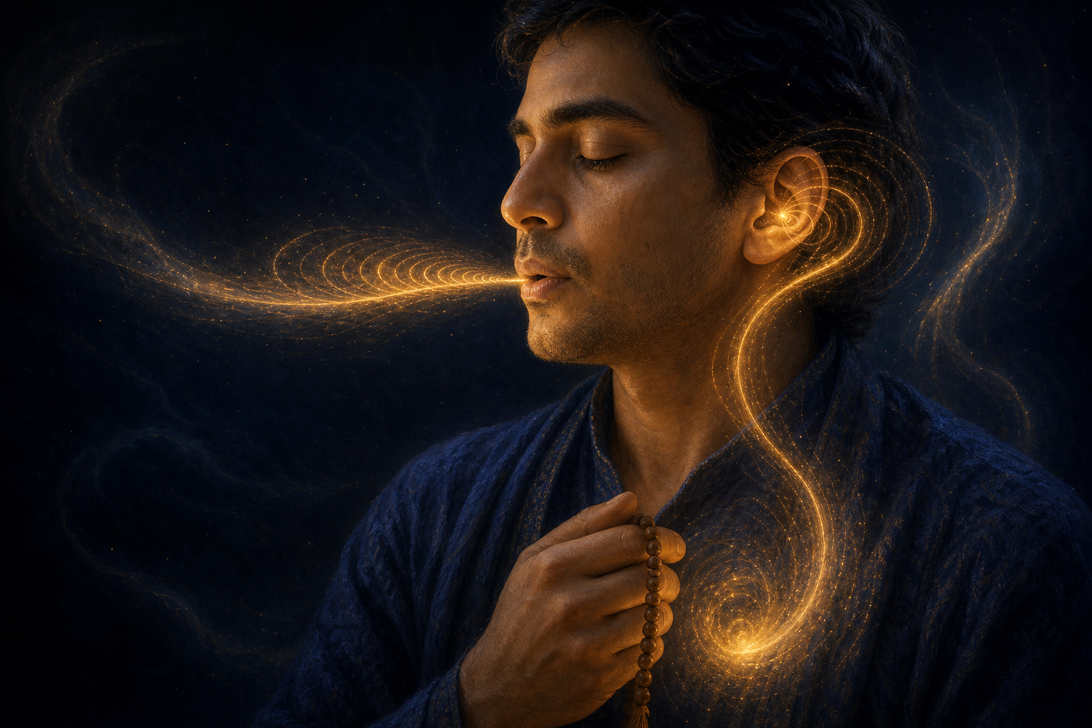 A practitioner recites with prayer beads as golden sound ripples curve from the lips toward the ear and heart.