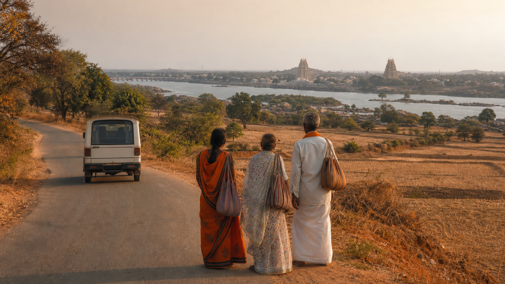 Pilgrims travel along a rural road near the Tungabhadra River between two temple settlements.