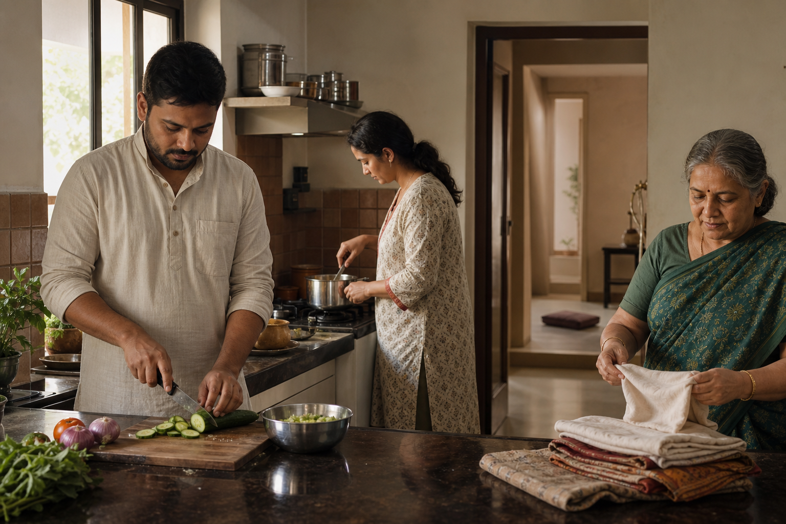 Family members prepare a meal and fold cloths together with calm attention in a sunlit home kitchen.
